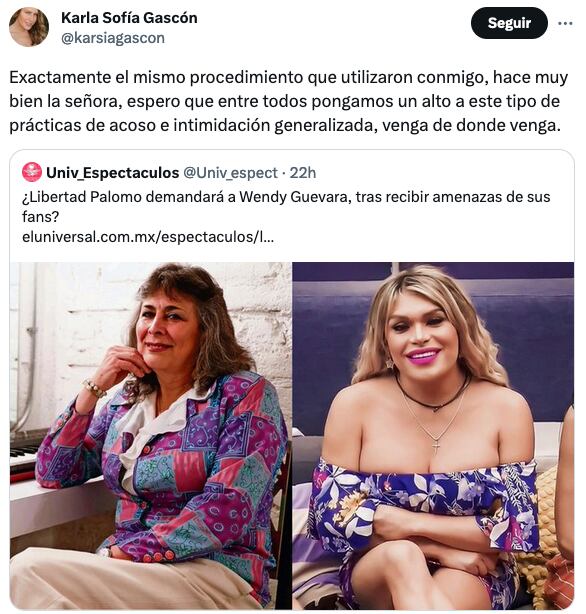 Karla Sofía Gascón apoya a Libertad Palomo sobre acoso por Wendy Guevara.