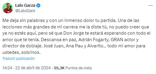 Mensaje de Lalo Garza por la muerte de Adrián Sánchez Fogarty