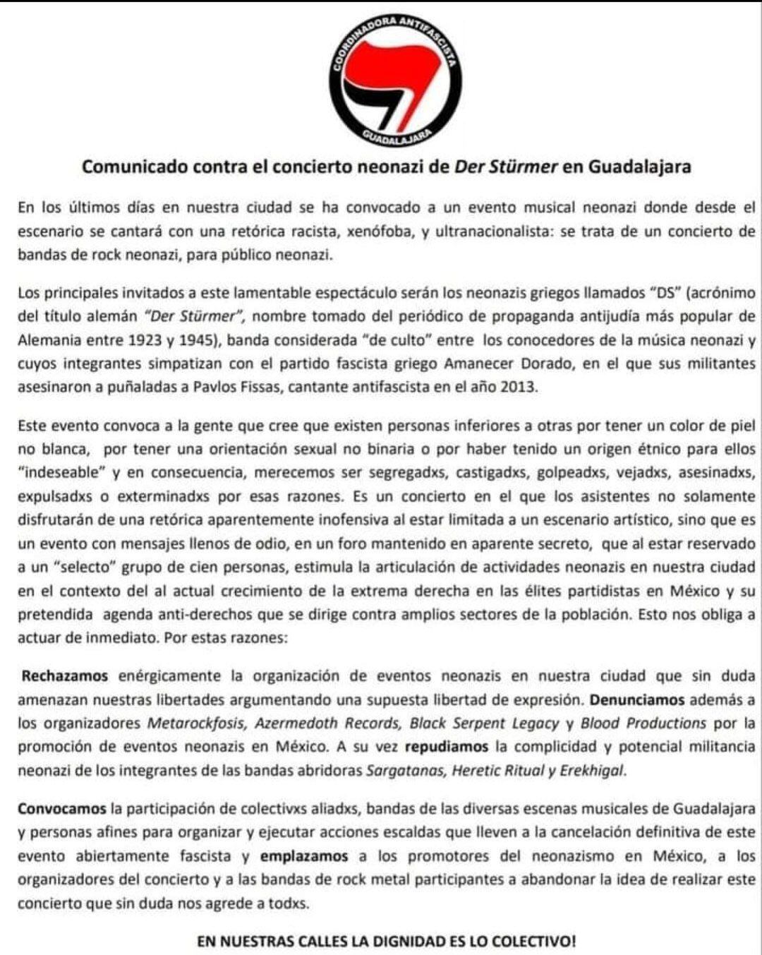 Coordinadora Antifacista Guadalajara pide cancelar concierto de Der Stürmer