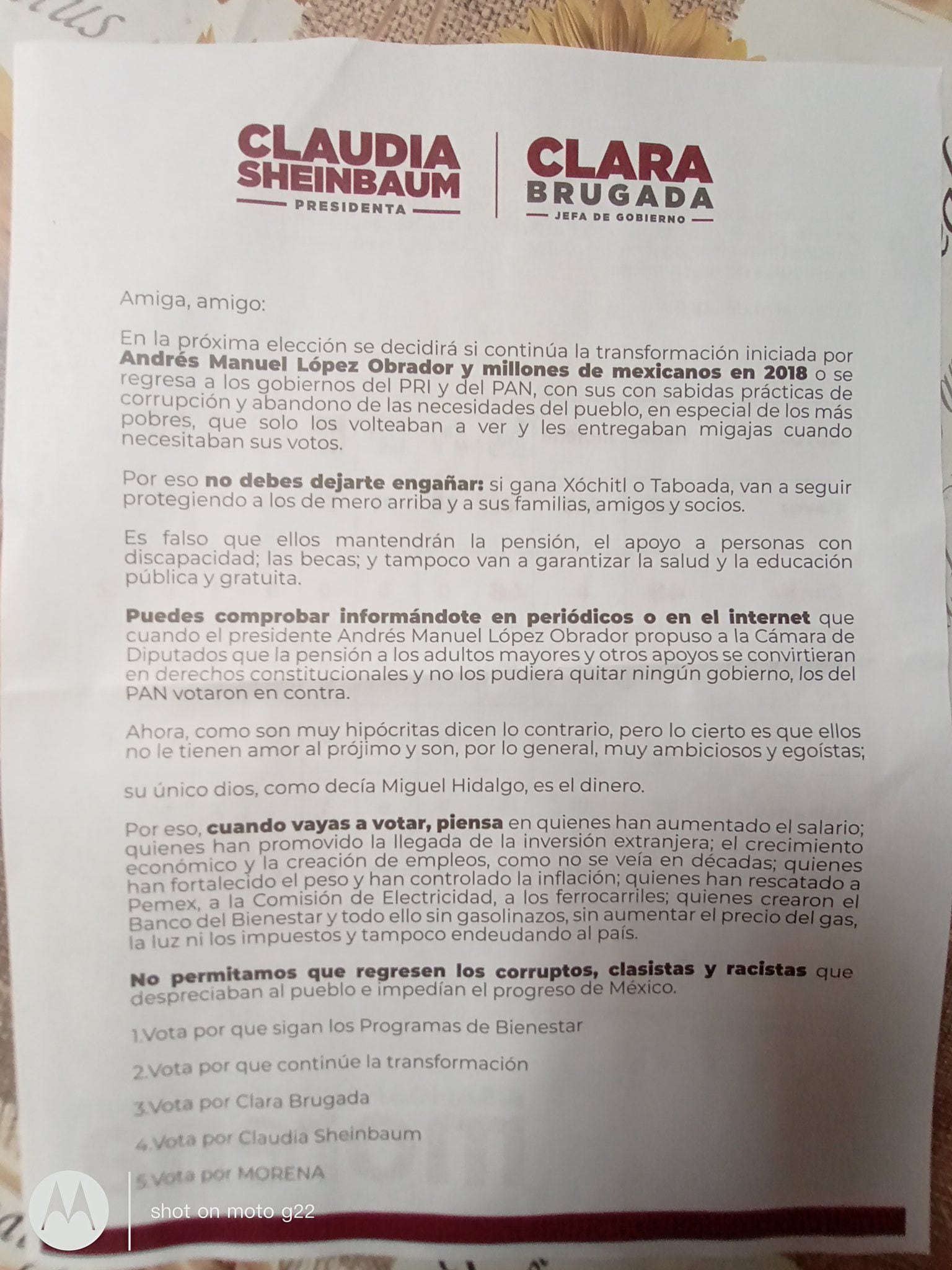 Carta de Morena donde acusa que los programas sociales se quitarán si gana Xóchitl Gálvez y Santiago Taboada