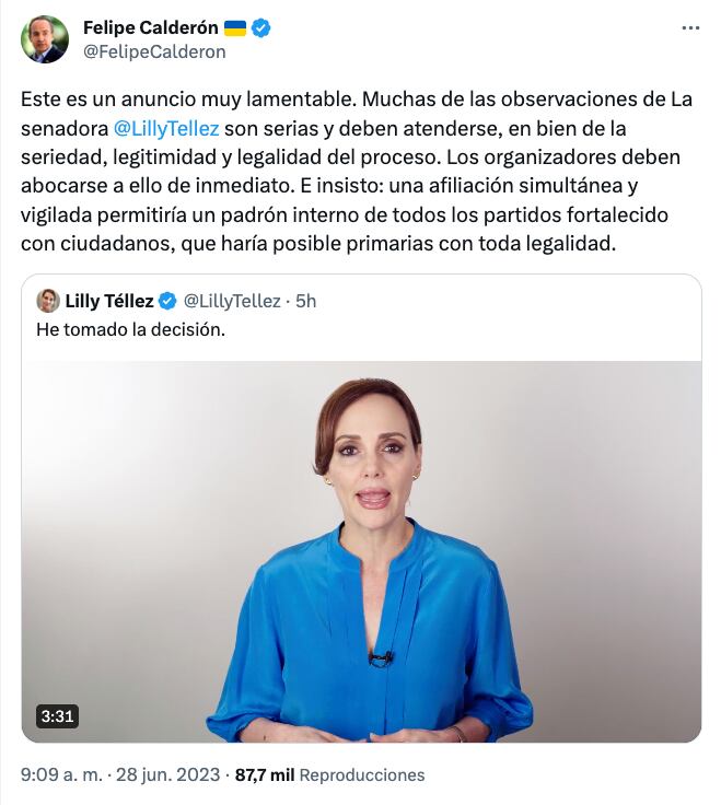 Marko Cortés, Felipe Calderón y Santiago Creel reaccionan a la renuncia de Lilly Téllez de Va por México