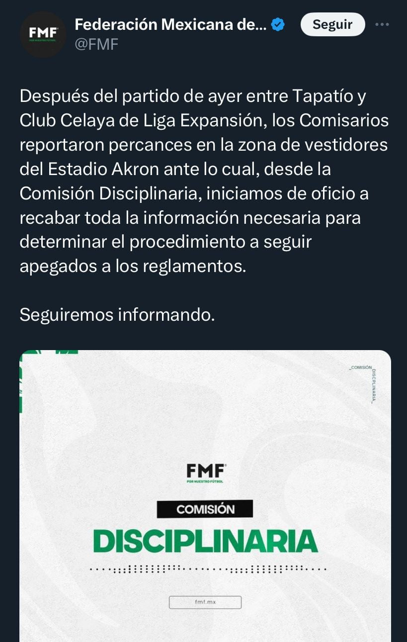 Comunicado de la Comisión Disciplinaria tras el partido Tapatío vs Celaya.