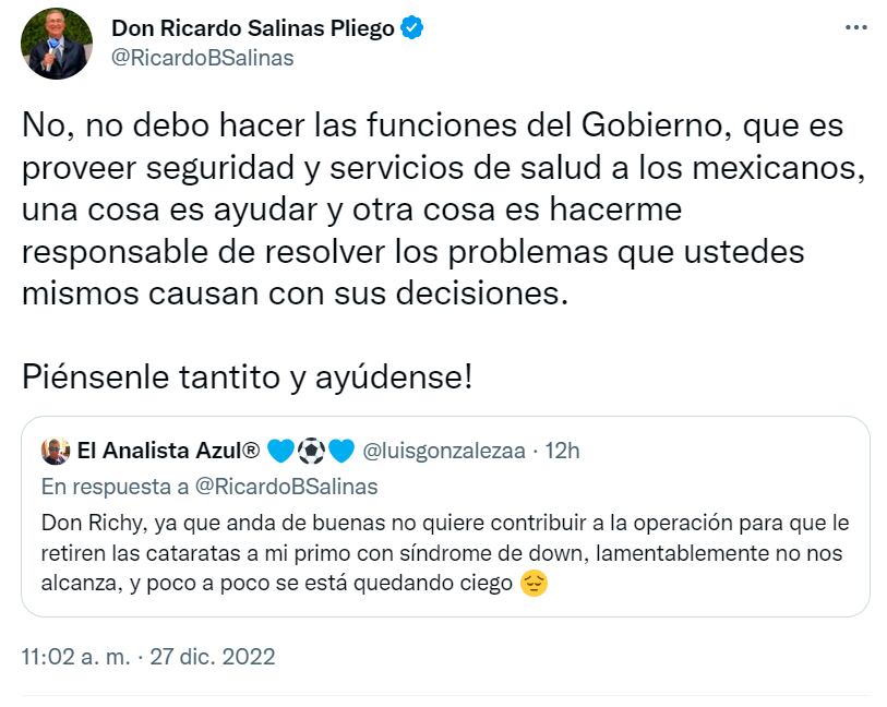 Ricardo Salinas Pliego aclara que no es el gobierno de AMLO para que le estén pidiendo ayuda