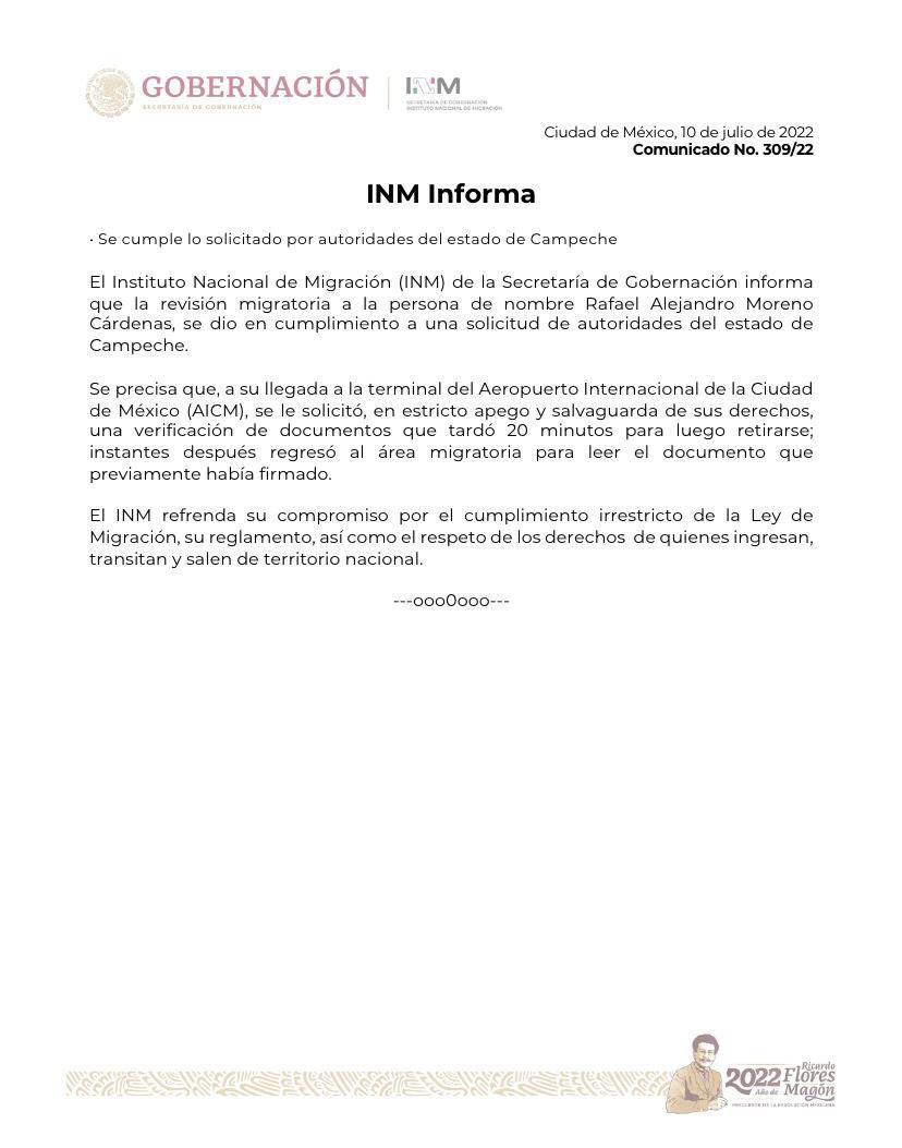 INM tenía ordenes de las autoridades de Campeche para retener a Alejandro Moreno