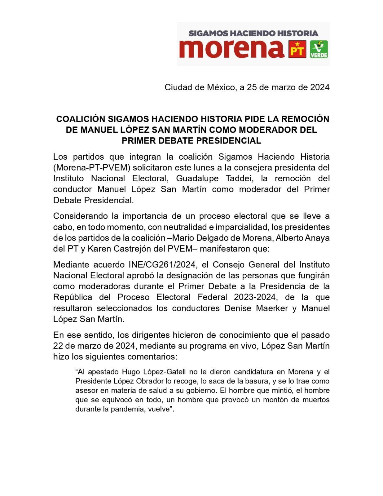 Morena no quiere que Manuel López San Martín sea moderador en el primer debate presidencial