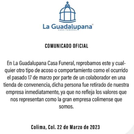 Comunicado Casa Funeraria La Guadalupana despidiendo acosador