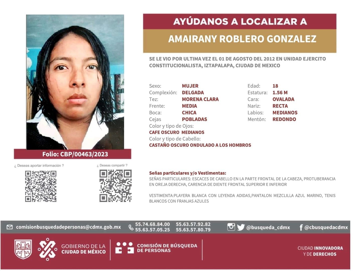 Ficha de Amairany Robledo, posible víctima del feminicida serial de Iztacalco