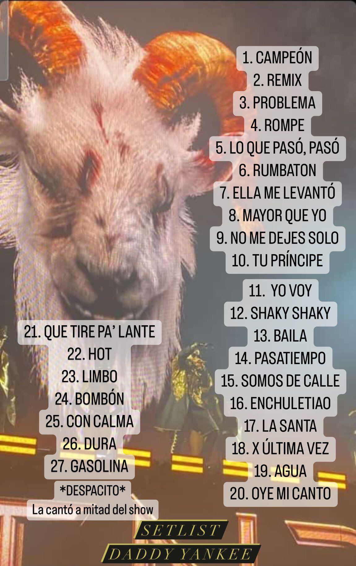 Setlist de Daddy Yankee para su concierto en el Foro Sol
