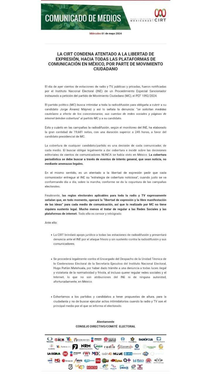 Comunicado del CIRT sobre la denuncia de MC por no cubrir a Jorge Álvarez Máynez