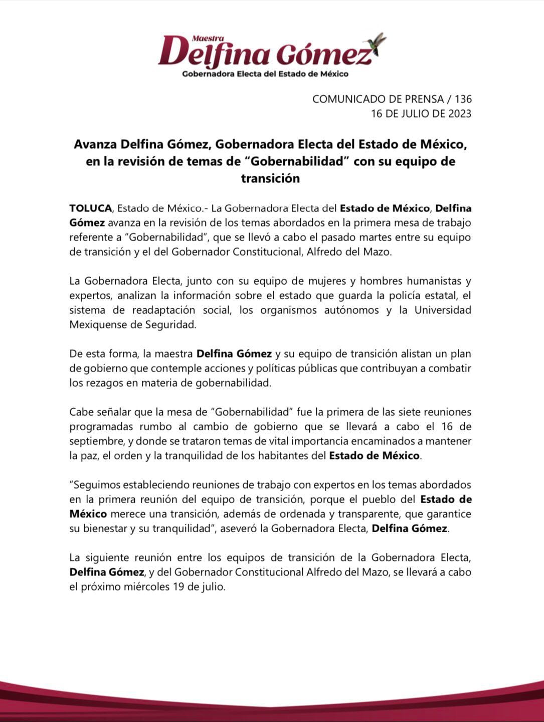 Comunicado de transición Delfina Gómez