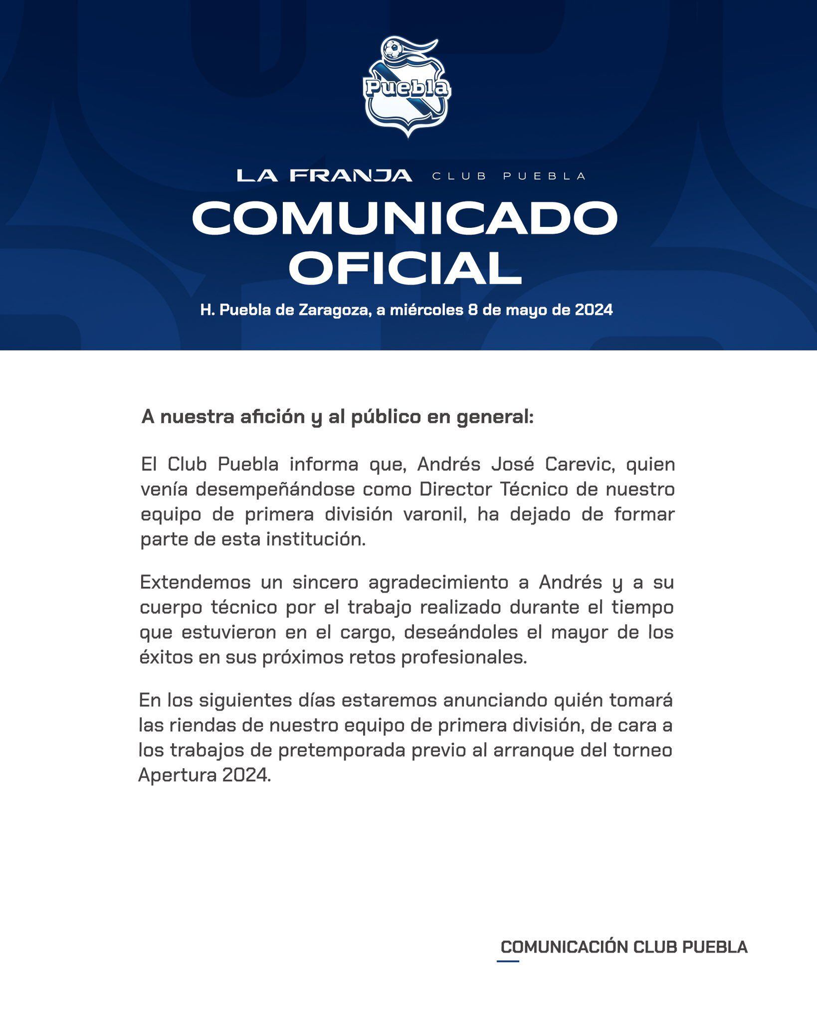 Comunicado de Club Puebla sobre la destitución de Andrés Carevic