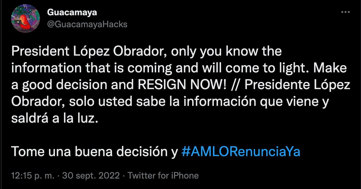 Guacamaya Hackers amenaza a AMLO: “sólo usted sabe la información que viene y saldrá a la luz”