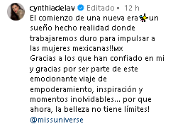 Cynthia de la Vega celebra ser la nueva directora nacional de Miss Universo.