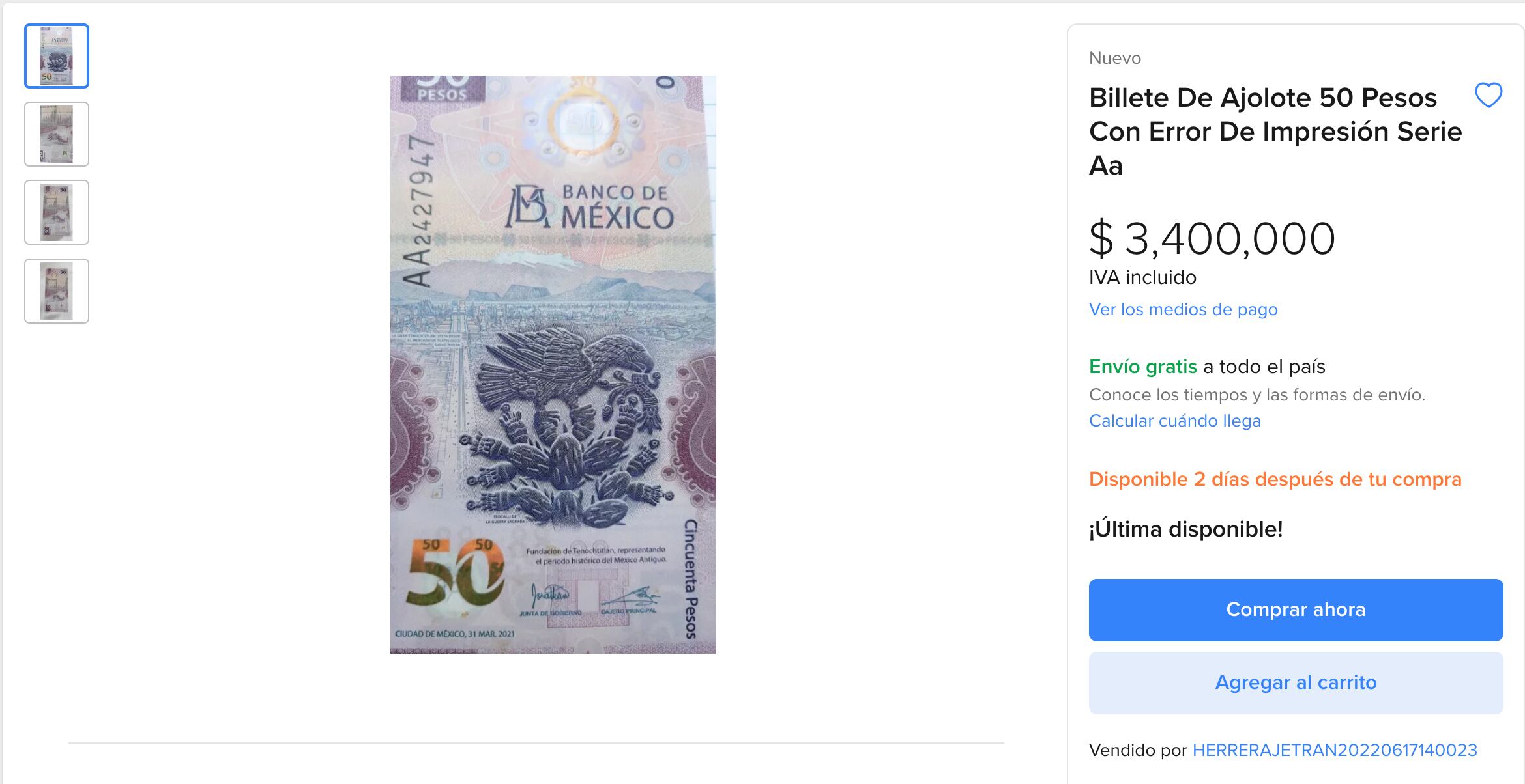 Este billete de 50 pesos se vende en hasta 3 millones de pesos en Mercado Libre