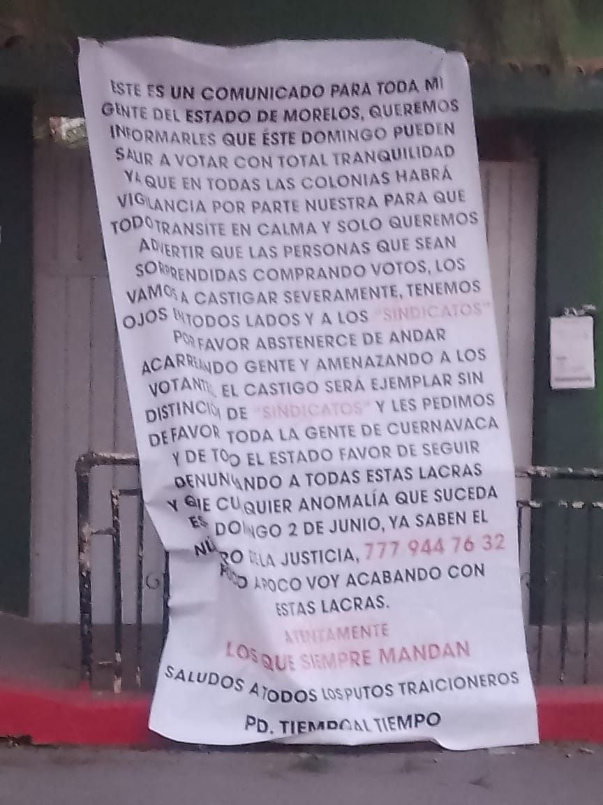 Narco manta advierte ante la compra de votos en Morelos