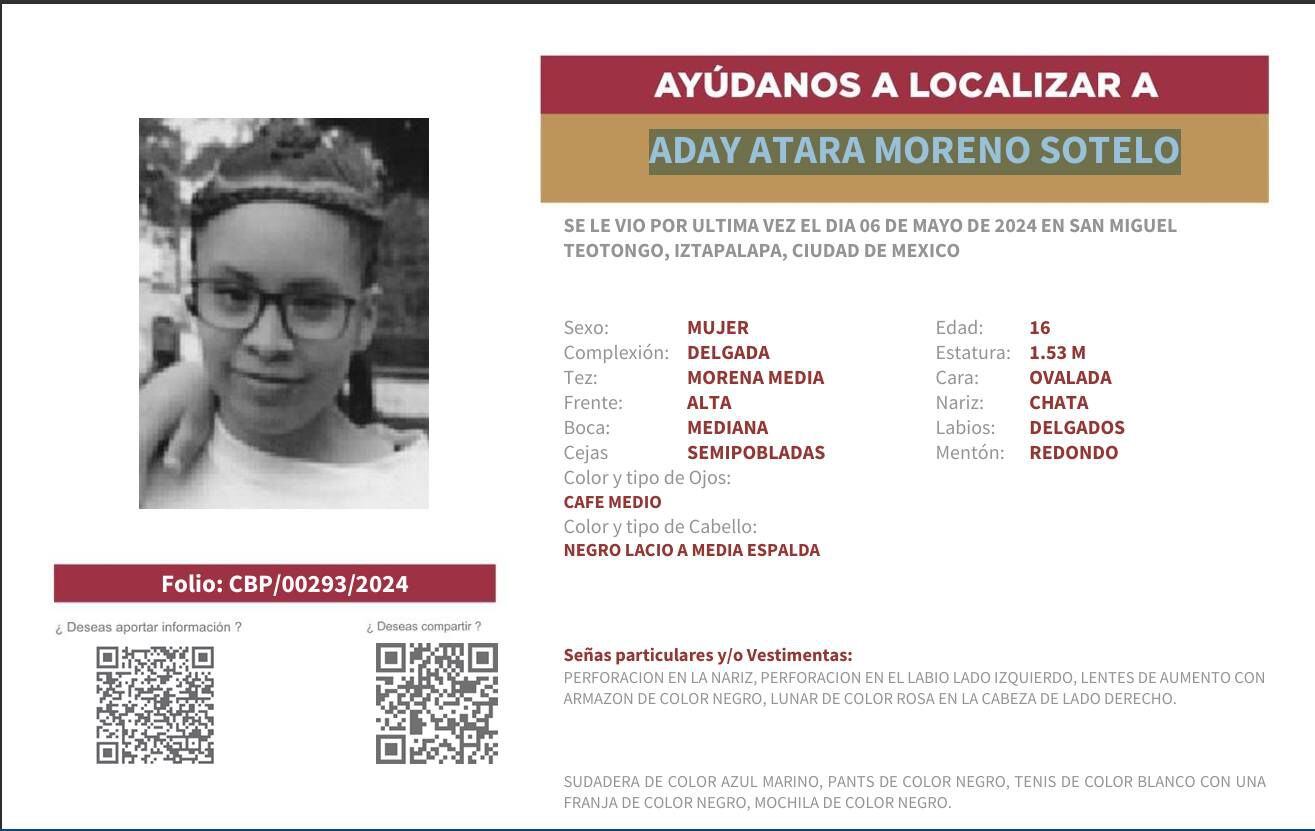Ficha de búsqueda de Aday Atara Moreno Sotelo, menor de 16 años desaparecida en Iztapalapa