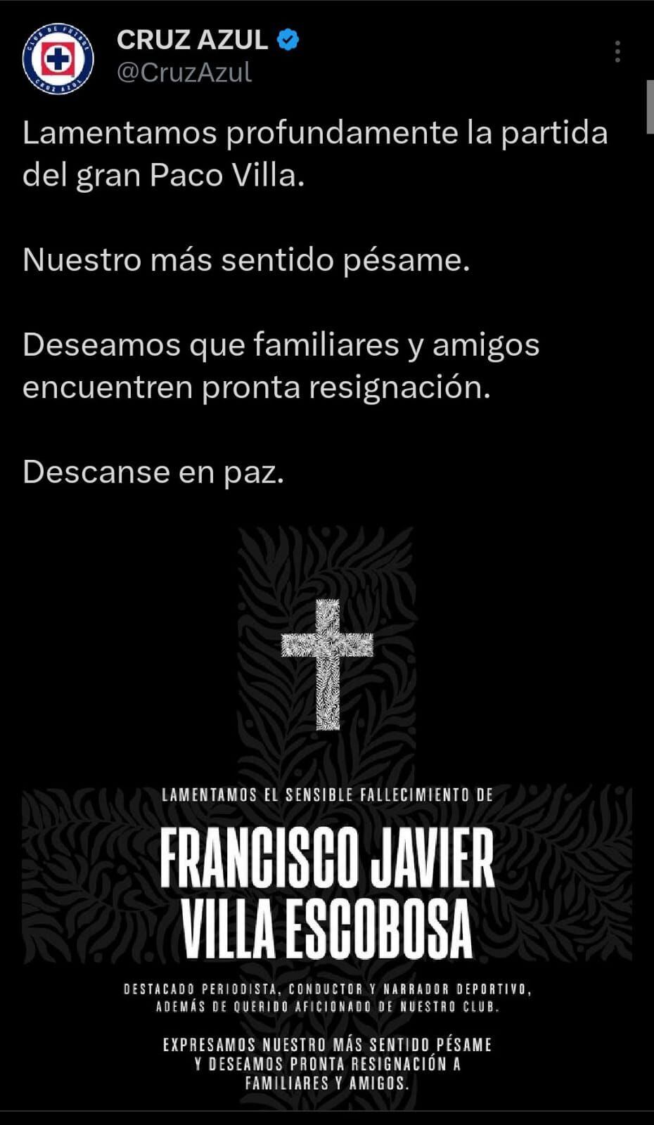 Mensaje de Cruz Azul tras la muerte de Paco Villa.