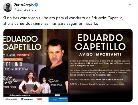 Usuarios se burlan de la 'cancelación' del concierto de Eduardo Capetillo.