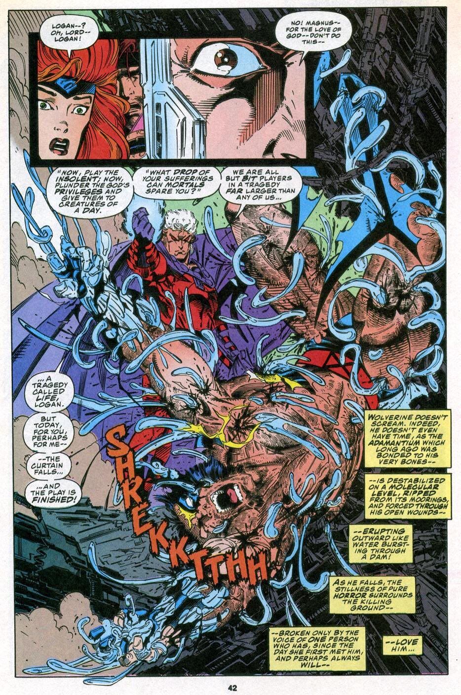 En los cómcis de X-Men, Magneto le arranca a Wolverine el Adamantium, creando a Onslaught