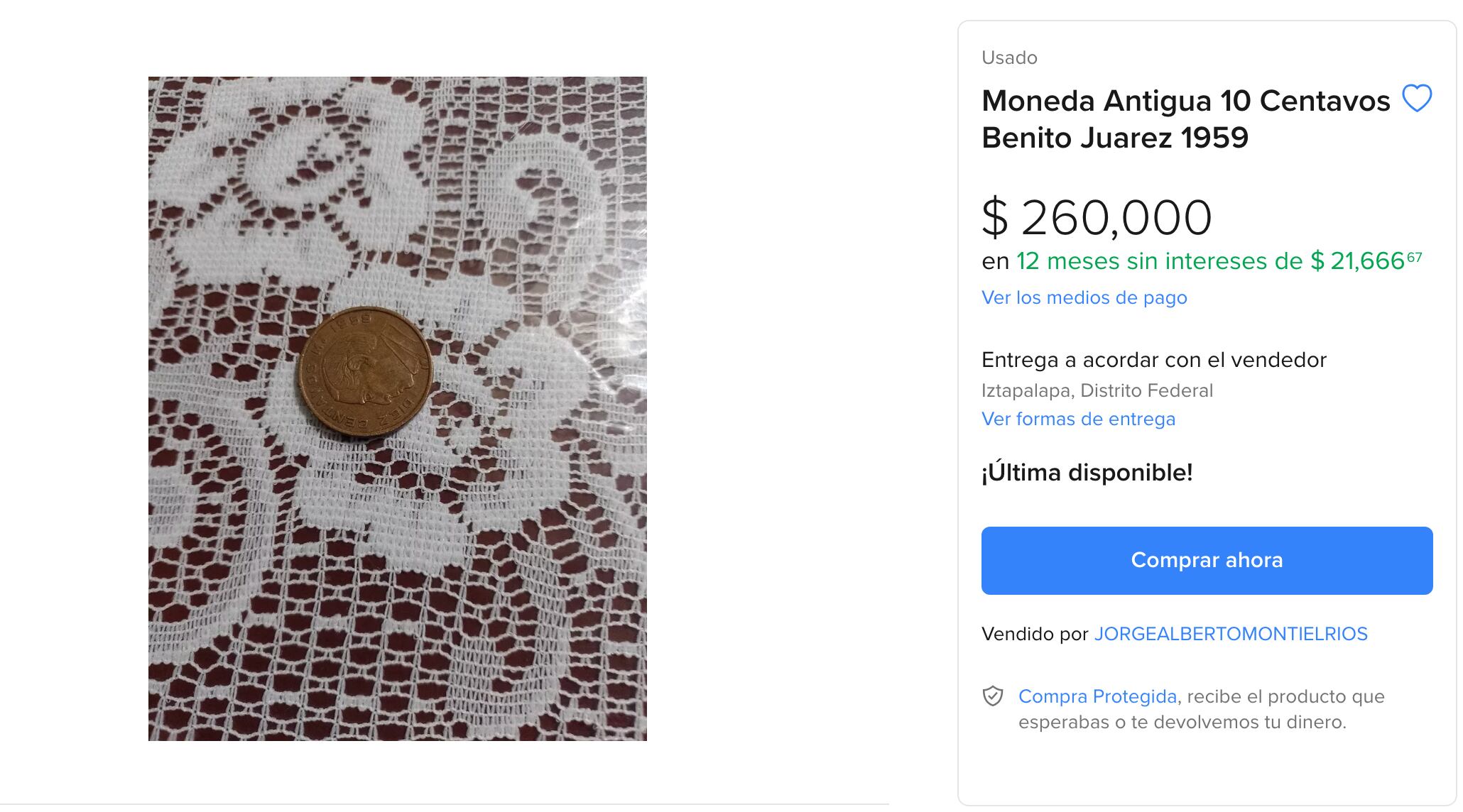 Moneda de 10 centavos se vende en 260 mil pesos