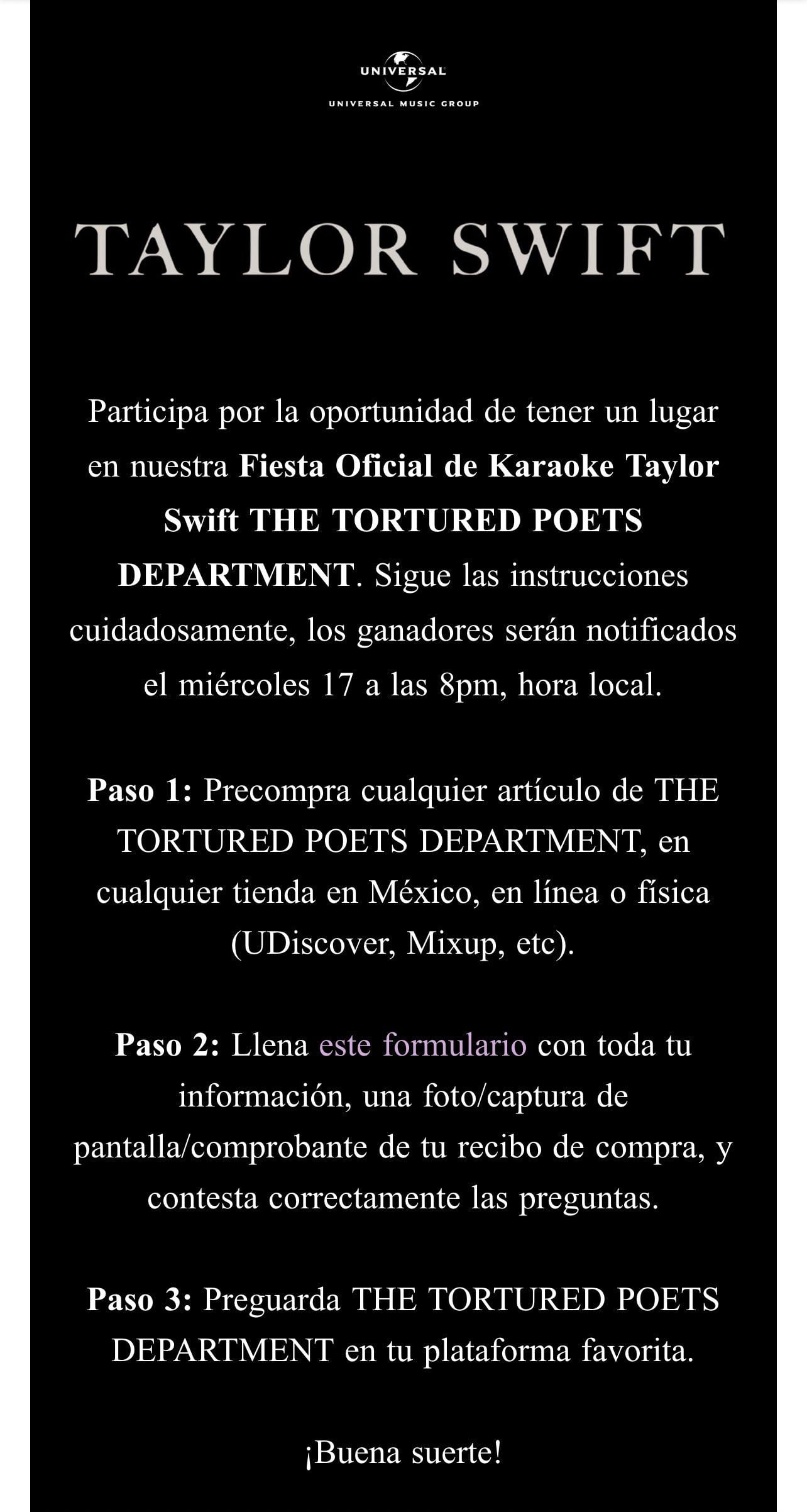 Fiesta Karaoke de Taylor Swift de The Tortured Poets Department de Universal Music México