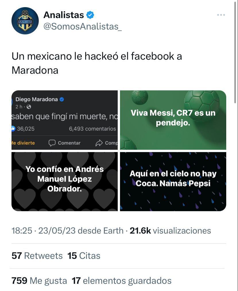 Un mexicano hackeó la cuenta oficial de Diego Maradona.