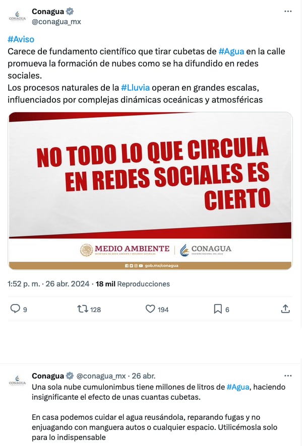 Conagua desmiente fake news difundida por Paolita Suárez.