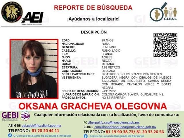 Oksana Gracheva Olegovna desaparece en Nuevo León
