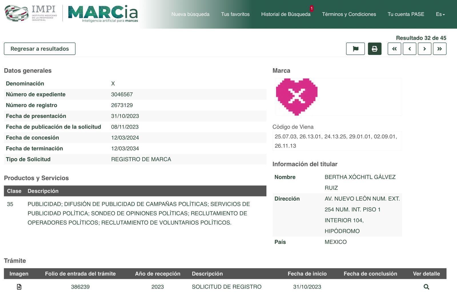 Registro de la marca Fuerza Rosa por Xóchitl Gálvez