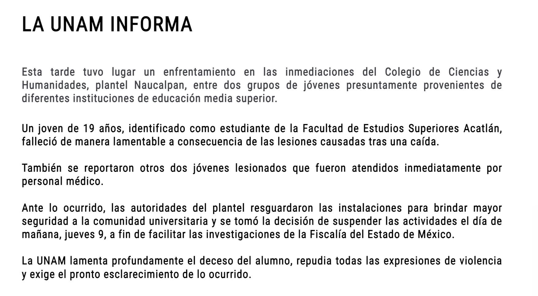 UNAM confirma muerte de estudiante tras ataque en CCH Naucalpan