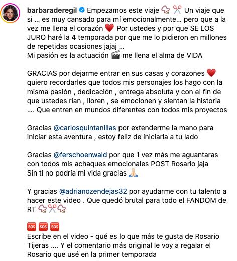 Bárbara de Regil anuncia que ya graba Rosario Tijeras 4.