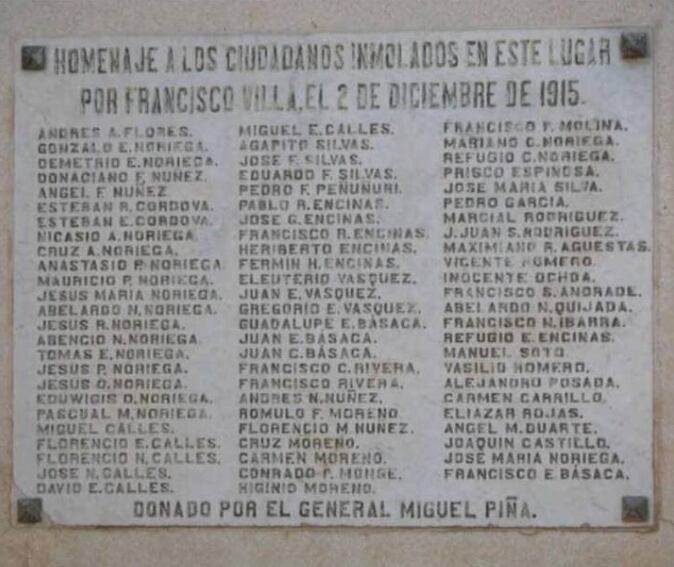 Placa en honor a los fusilados por Pancho Villa