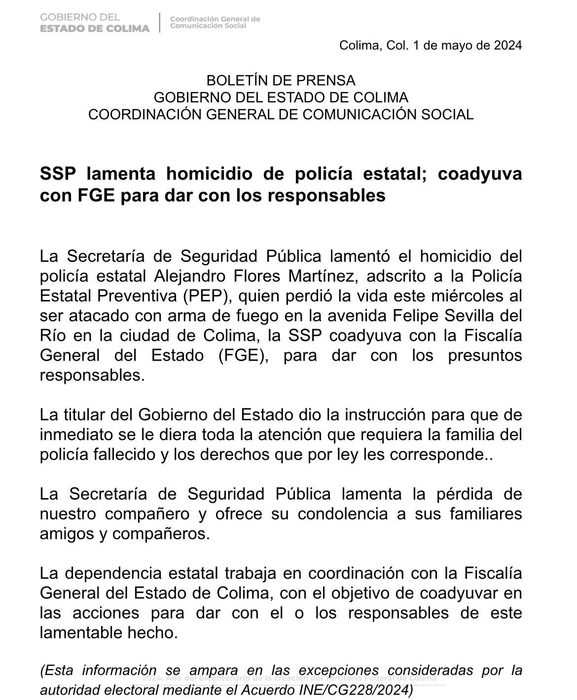 Comunicado de SSP por asesinato del subdelegado de la policía de Colima