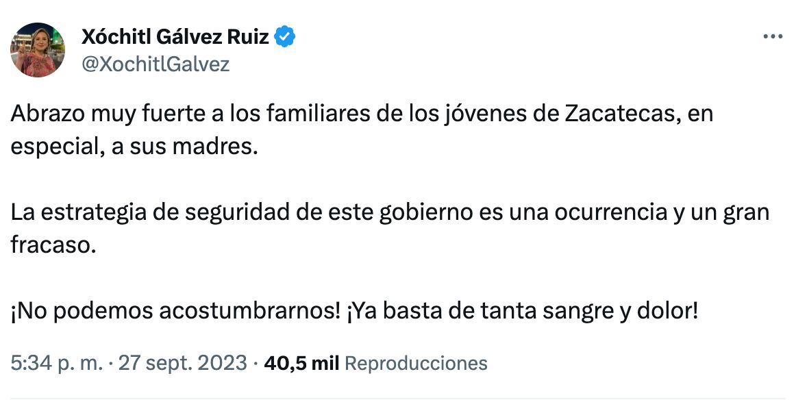 Xóchitl Gálvez mandó este mensaje por la muerte de los jóvenes secuestrados en Zacatecas