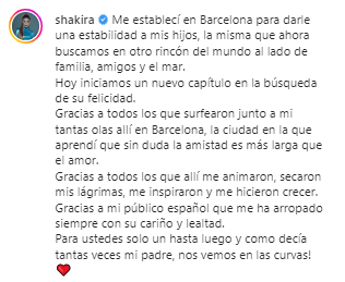 Shakira manda profundo mensaje tras dejar Barcelona.