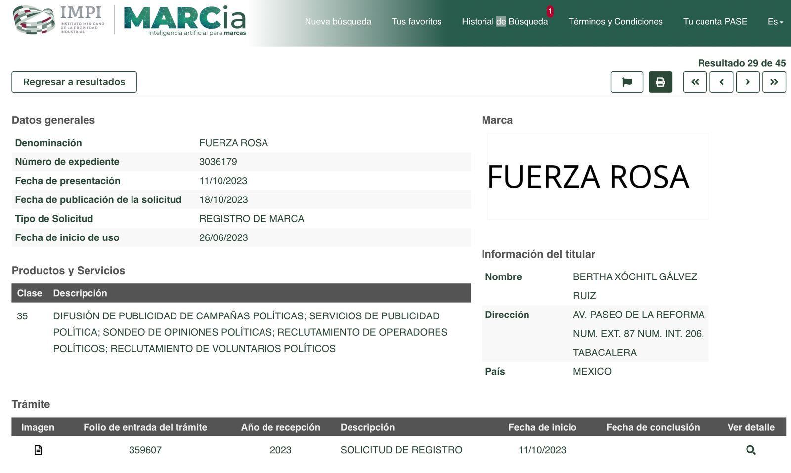 Registro de la marca Fuerza Rosa por Xóchitl Gálvez