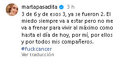 Marta Guzmán comparte que de tres personas con cáncer en su foto, ella es la única que sobrevive.