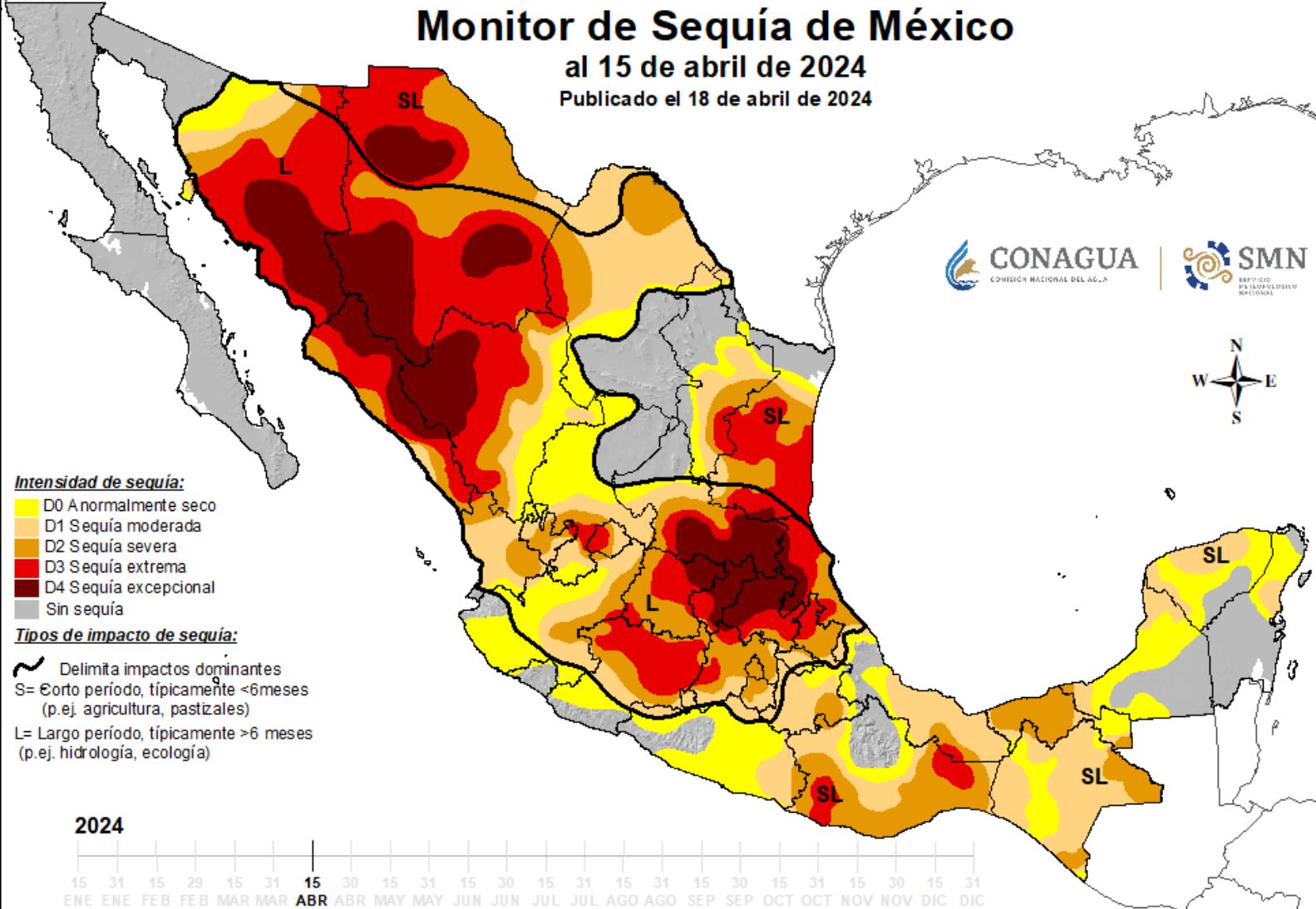 Monitor de sequía en México al 15 de abril 2024