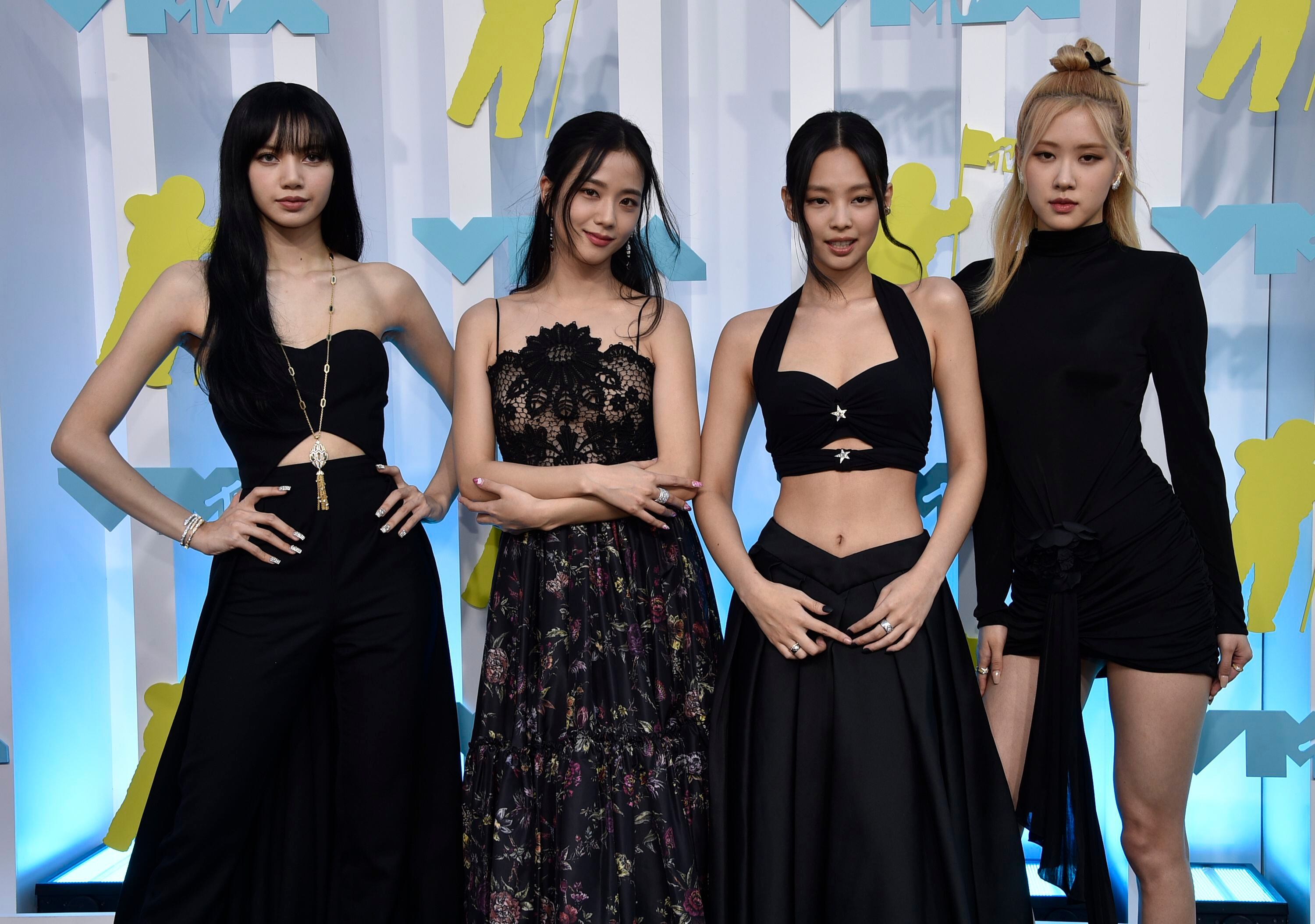 Blackpink, from left, Lisa, Jisoo, Jennie, and Rose arrive at the MTV Video Music Awards at the Prudential Center on Sunday, Aug. 28, 2022, in Newark, N.J. (Photo by Evan Agostini/Invision/AP)