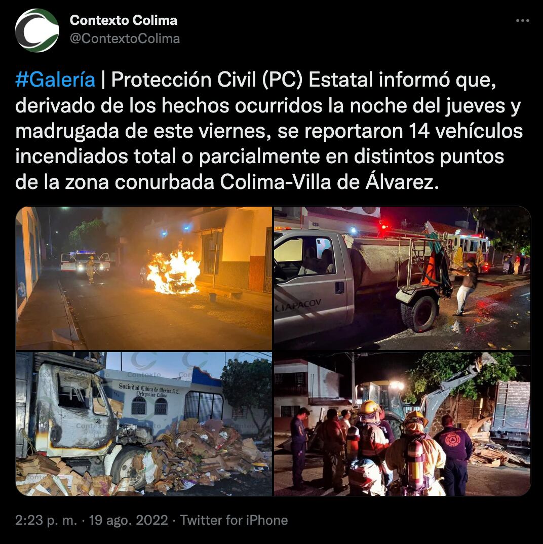 14 vehículos fueron incendiados durante violencia en Colima: UEPC